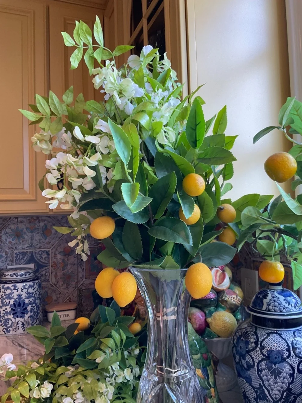 Pair of 2 faux flower arrangement made with faux lemons and small white/ green